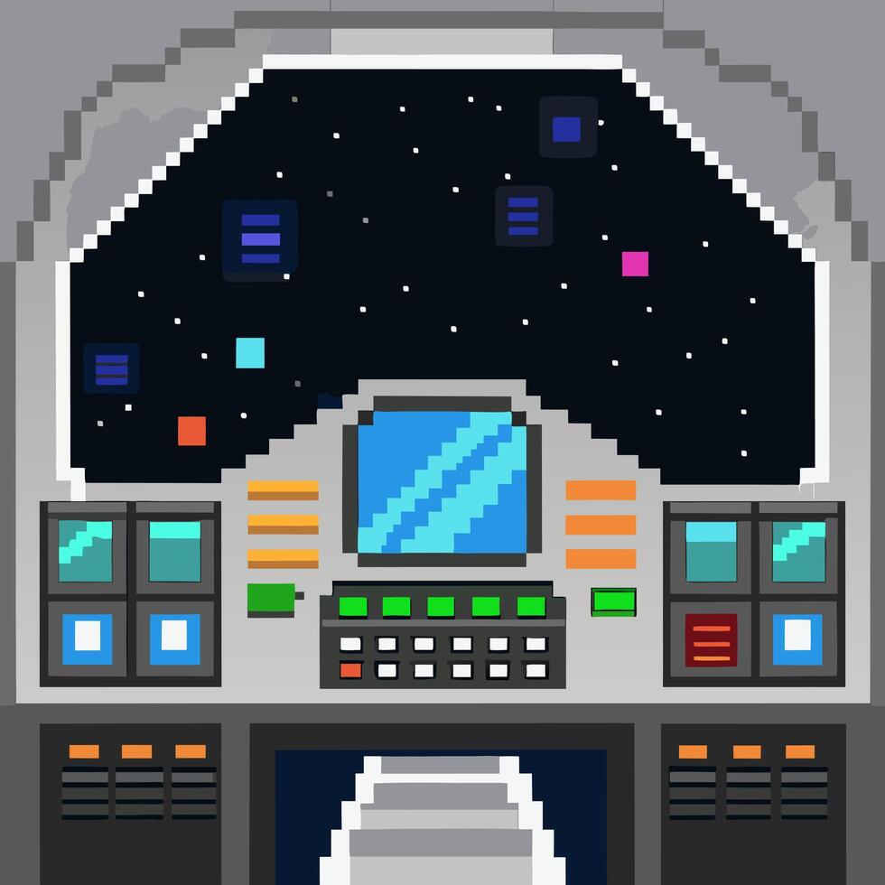 Retro Pixel Art Spaceship Cockpit with Starry Space View vector