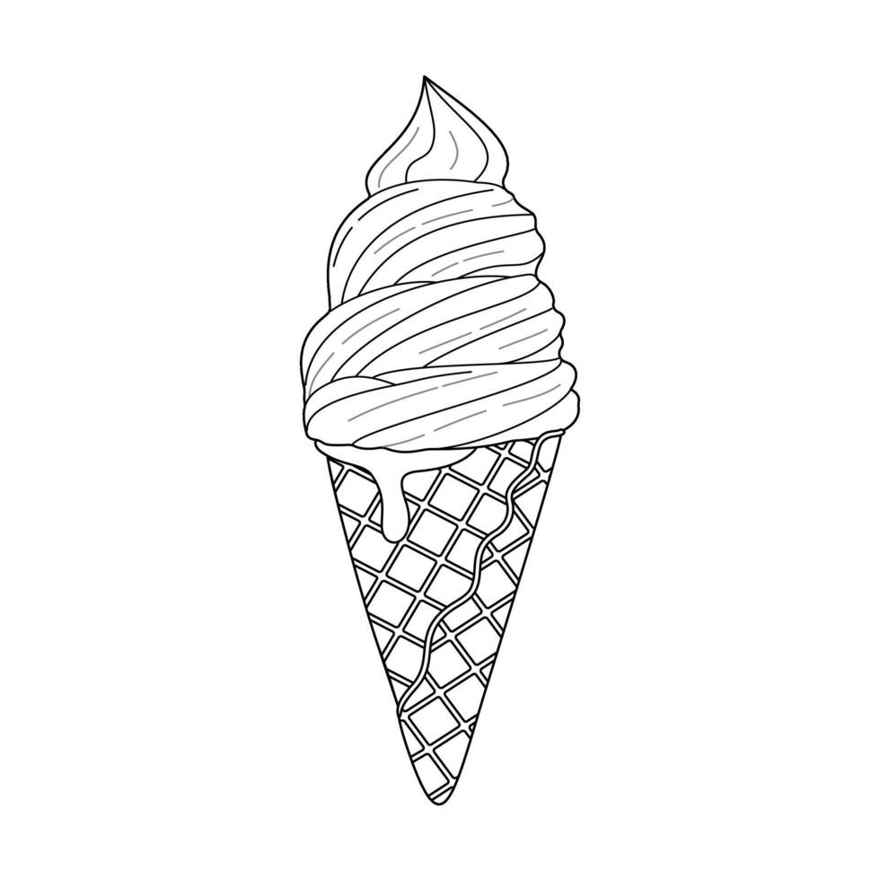 Ice cream in a waffle cone doodle style isolated. Hand drawn black and white isolated logo. line art design element for web graphic design, poster, tattoo. Coloring page art therapy illustration vector