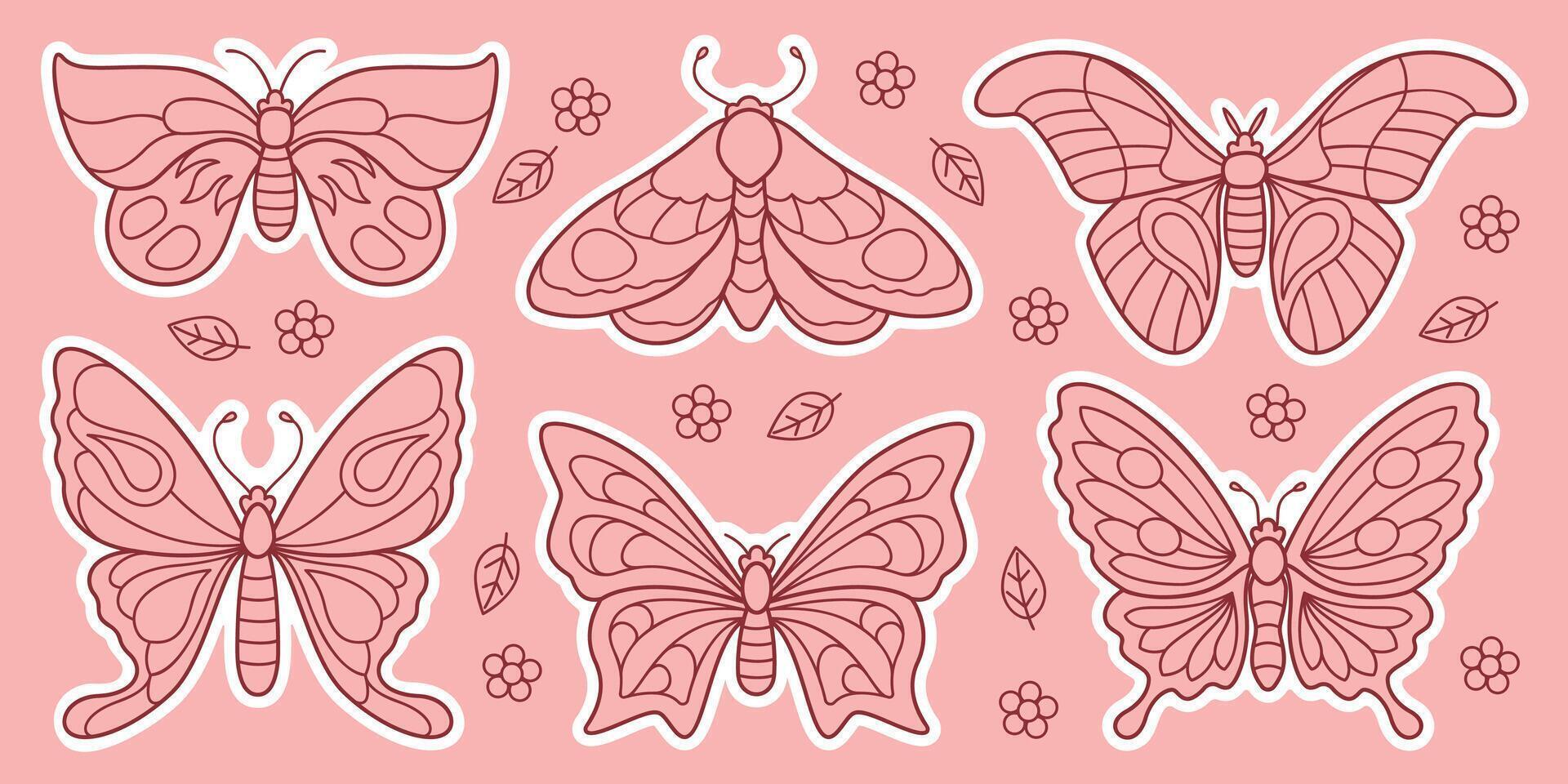 Charming pink butterflies and moths sticker set. Hand drawn Flat, line art style. Clean design. Perfect for scrapbooking, greeting cards, planners, children's books, digital stickers, website. vector