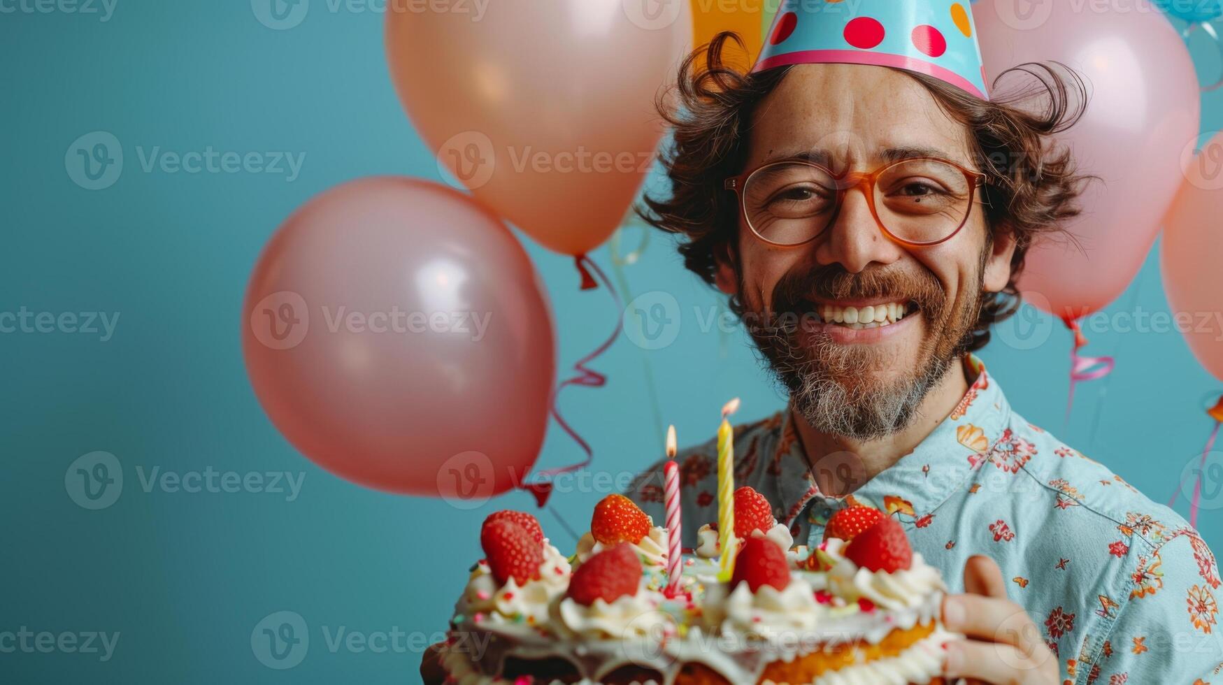 happy mHappy birthday advertisement concept.an with cake, photo