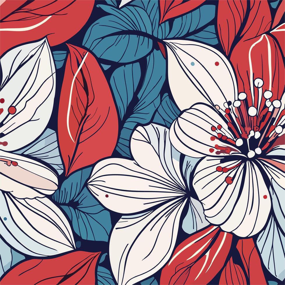 Red and White Floral Pattern Botanical Art Print Design vector