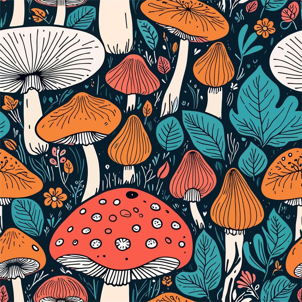 Vibrant Mushroom and Leaf Pattern Autumn Forest Design vector