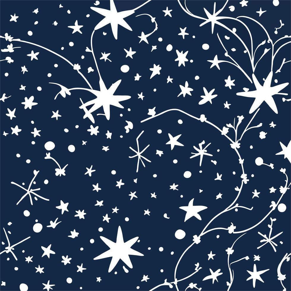 Celestial Night Sky Pattern White Stars Navy Blue Background Fabric Design vector