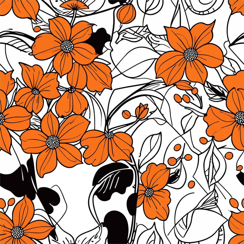 Vibrant Orange Flowers Seamless Pattern Design Botanical Illustration vector