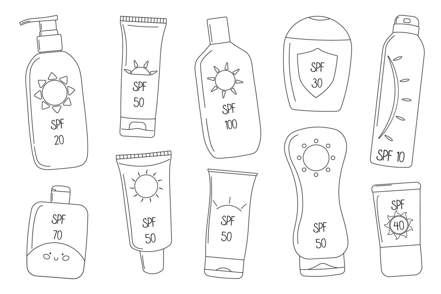 Set of sunscreen bottles with various SPF levels. Oil, balm, spray, lotion, cream in various tubes. Protection from the sun. Cute simple outline elements. Ideal for skincare product advertising. vector