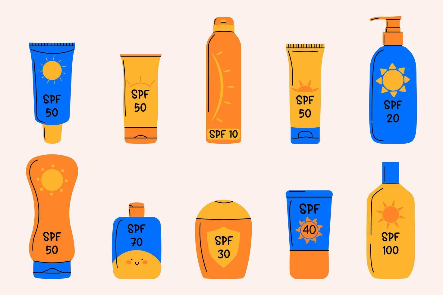 Various SPF level set. Isolated hand drawn sunscreen bottles. Oil, balm, spray, lotion, cream. Sunblock, UV protection, beauty routine. Perfect for summer designs, skincare promotions. vector