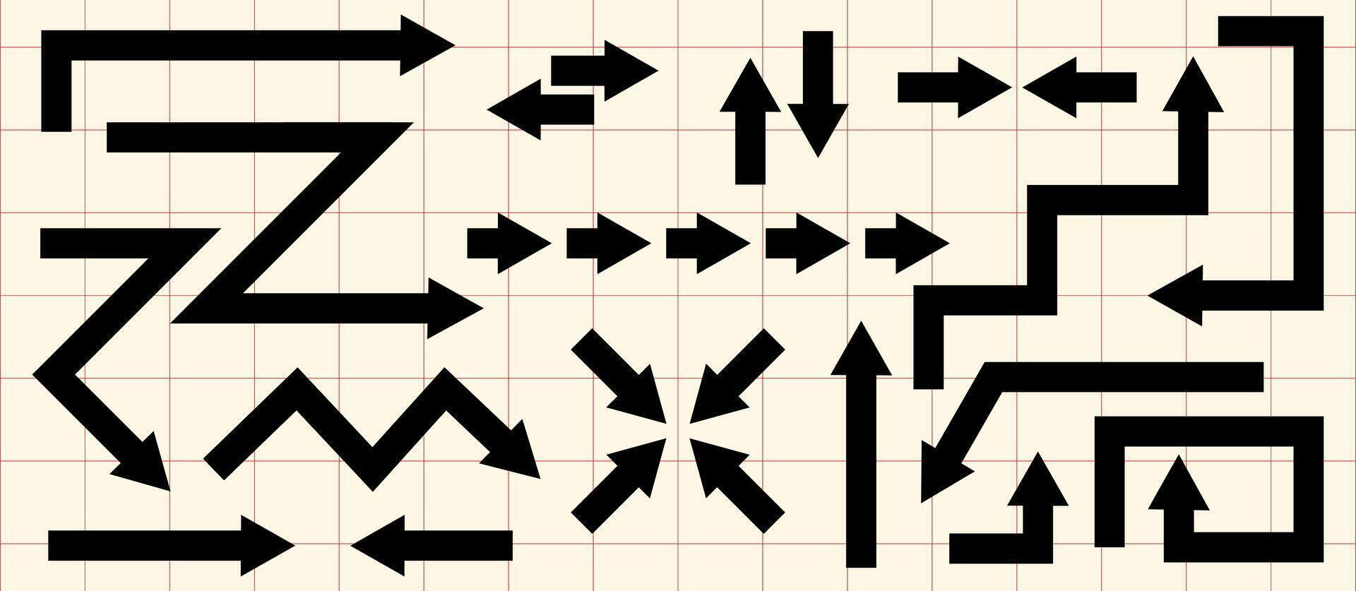 Bold black arrow set with sharp angles, straight lines, and dynamic directions on a grid background. Ideal for infographics, UX UI design, navigation, and modern graphic projects. vector
