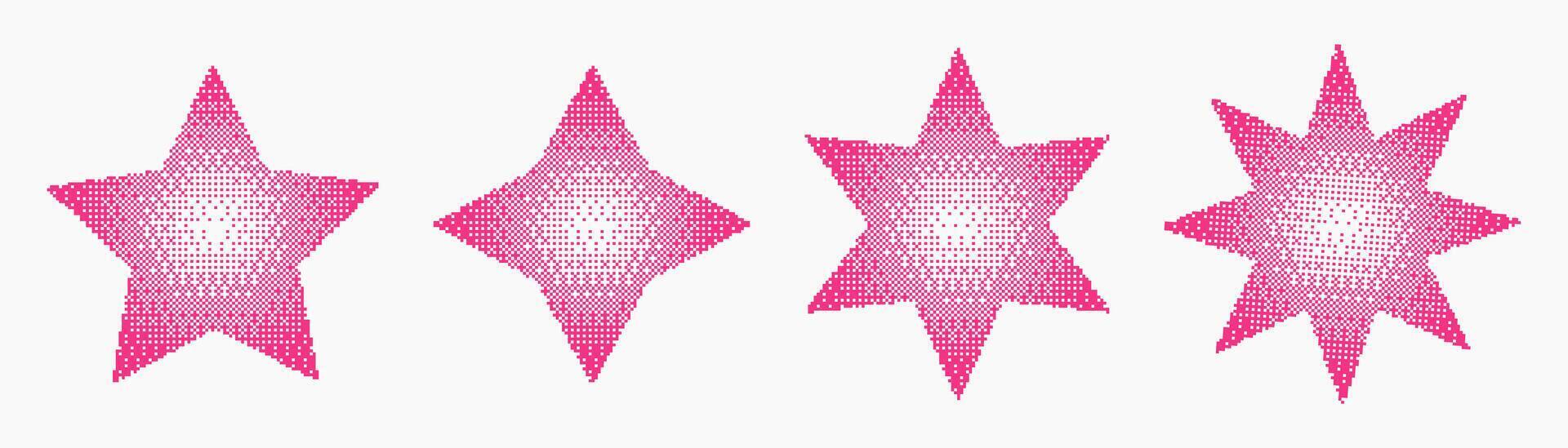 Set of pink pixelated stars in bitmap style. Y2K aesthetic elements for digital art, stickers, and trendy graphic design. Perfect for retro, cyber, and pop culture projects. vector