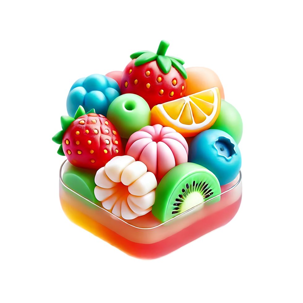 Toy Fruit Dessert Display with Strawberries, Kiwi, and Lemon png
