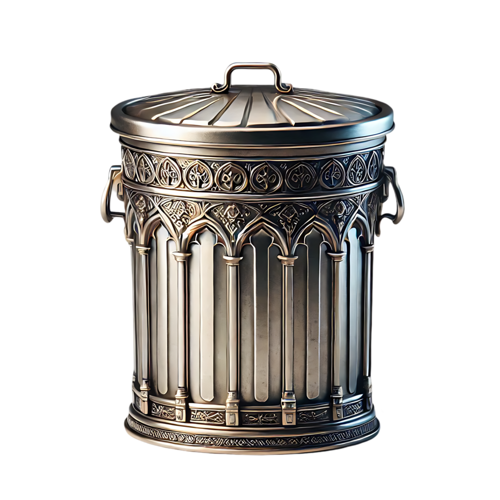 Decorative Vintage Trash Can with Gothic Architectural Details png