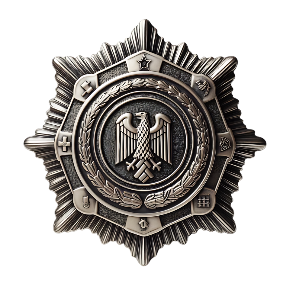 Metallic Badge with Central Eagle and Laurel Wreath on Starburst Shape png