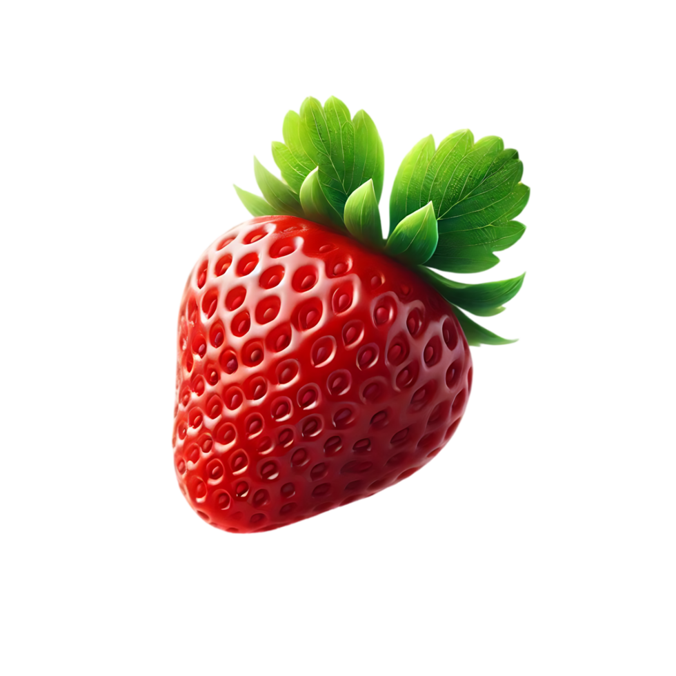 Close-Up of Red Strawberry with Green Leaves and Textured Surface png