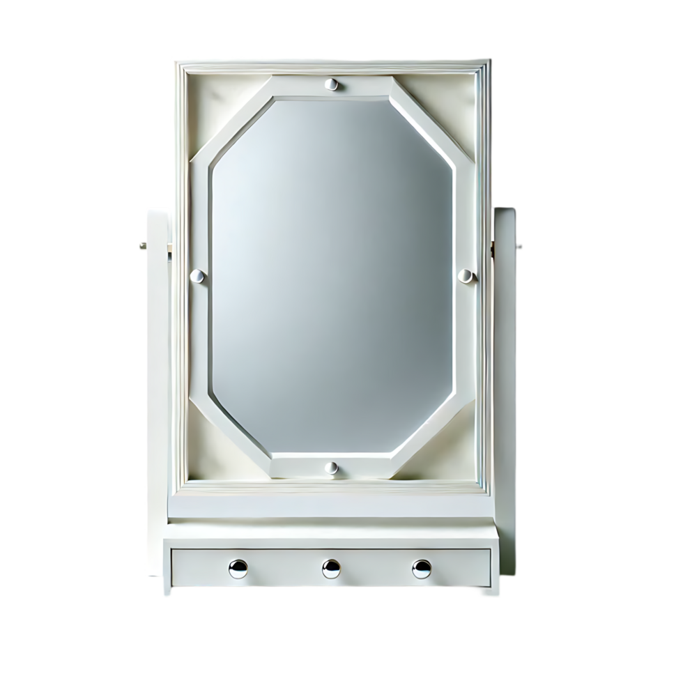 Elegant White Octagonal Mirror with Knobs and Storage Drawer png