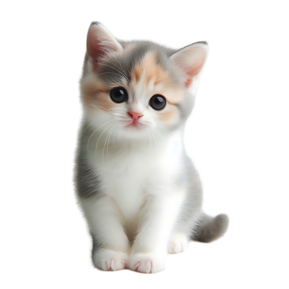 Playful Calico Kitten Sitting Adorably with a Fluffy Coat png