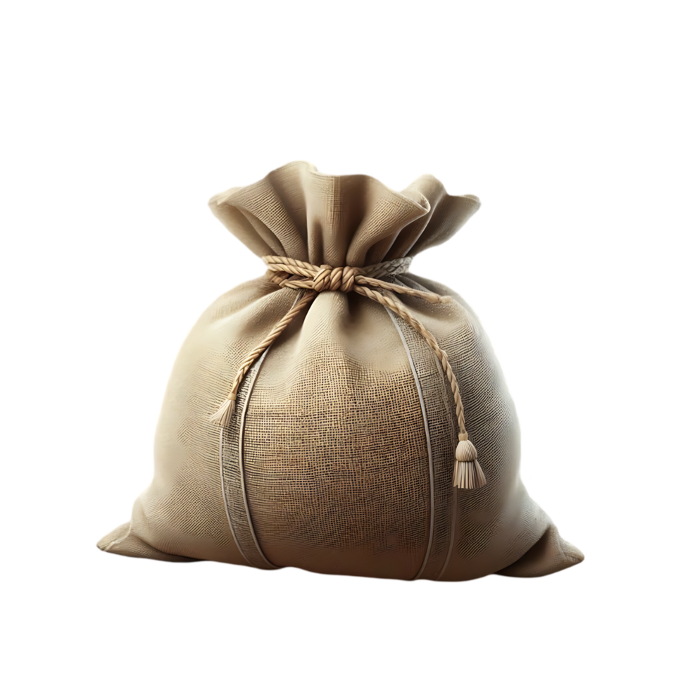Tied burlap sack with decorative tassel and twine png