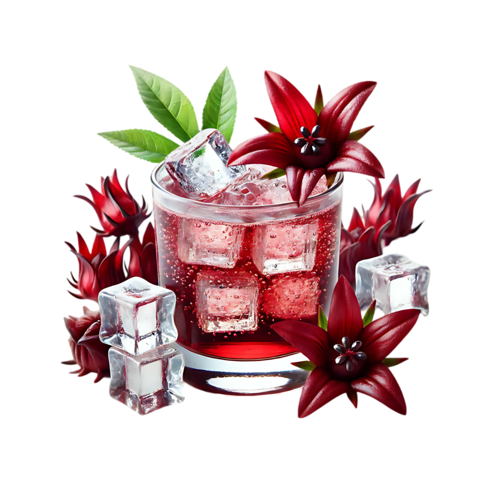 Refreshing red drink with ice surrounded by tropical flowers png