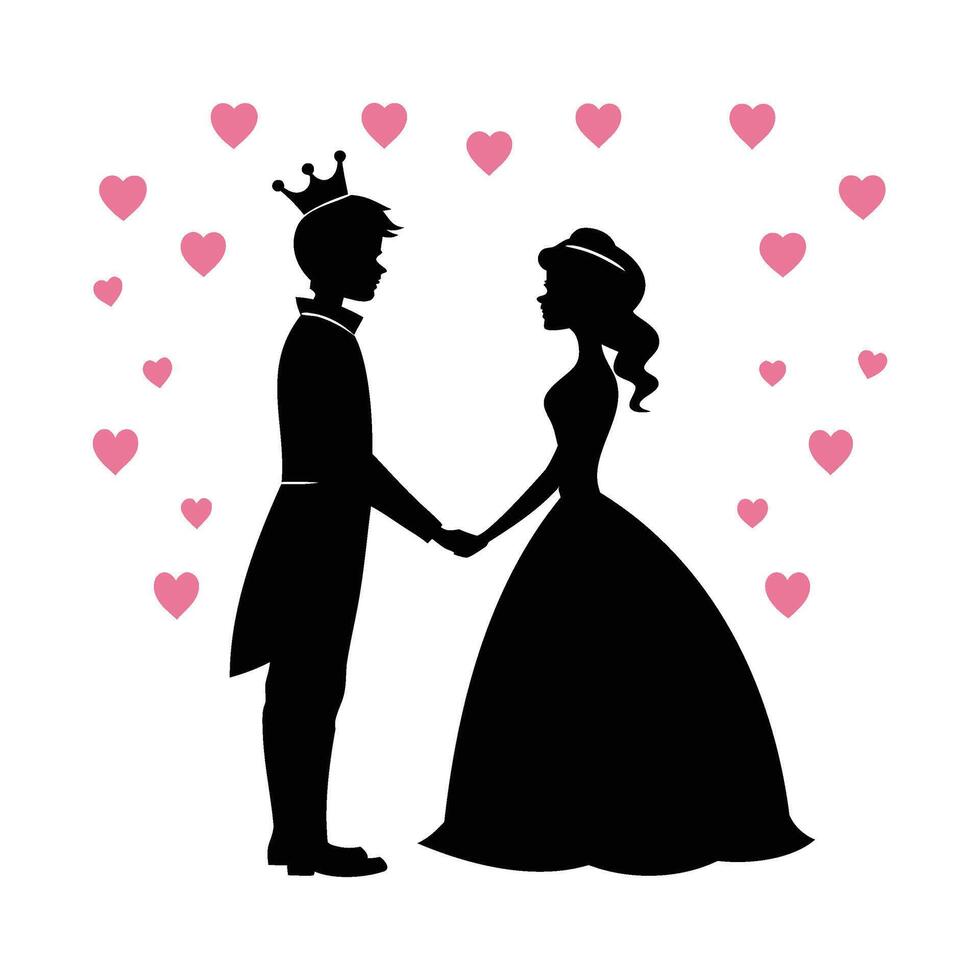Romantic Prince and Princess Silhouette with Hearts Illustration vector