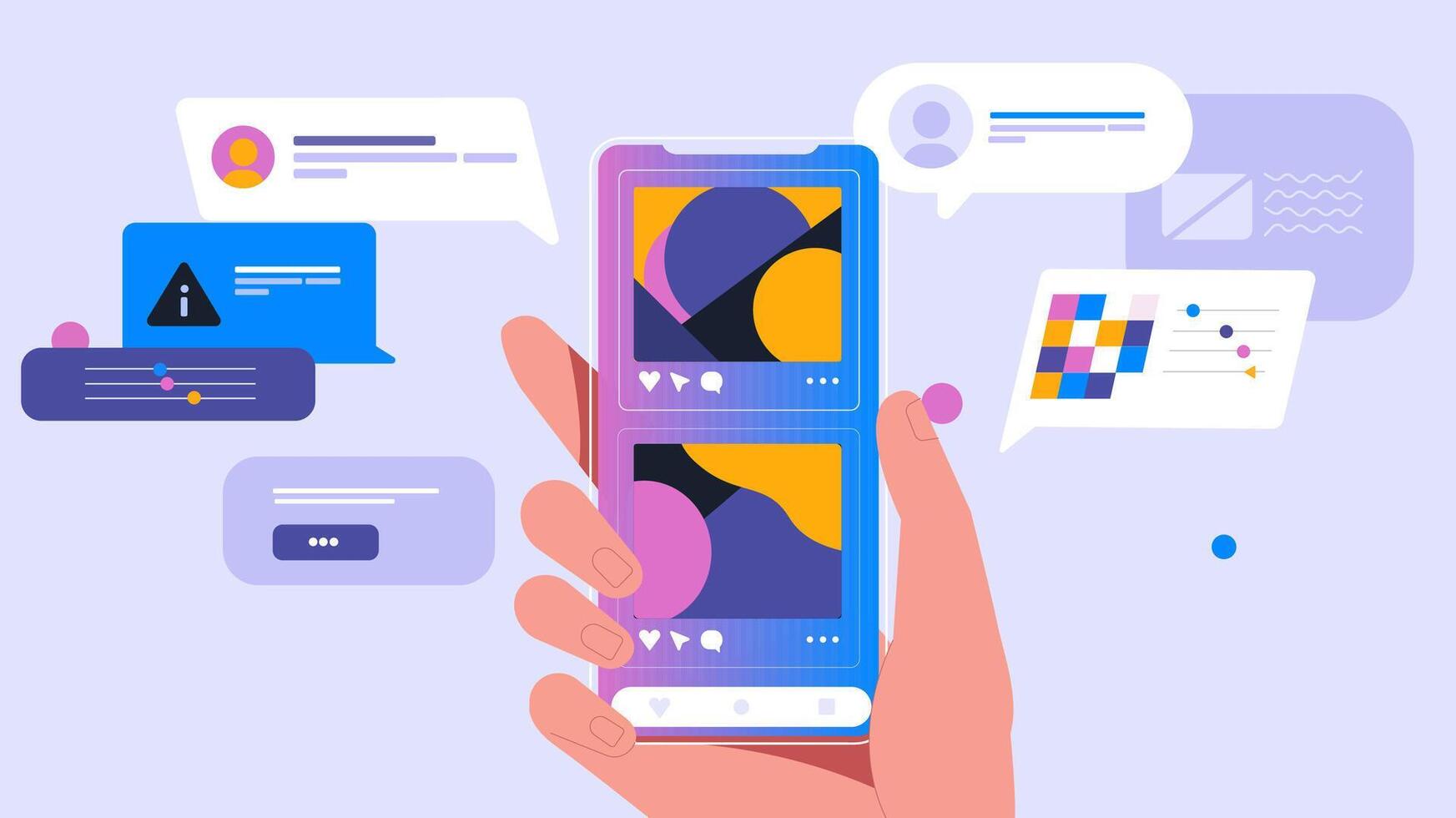 Hand Holding Smartphone Amid Vibrant Chat Elements vector