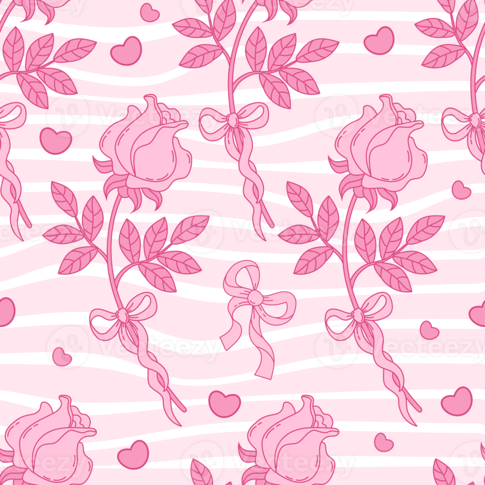 Seamless Pattern Coquette Pink Rose with Bow Ribbon on Groovy Stripe Background. Romantic Girly Vibe png