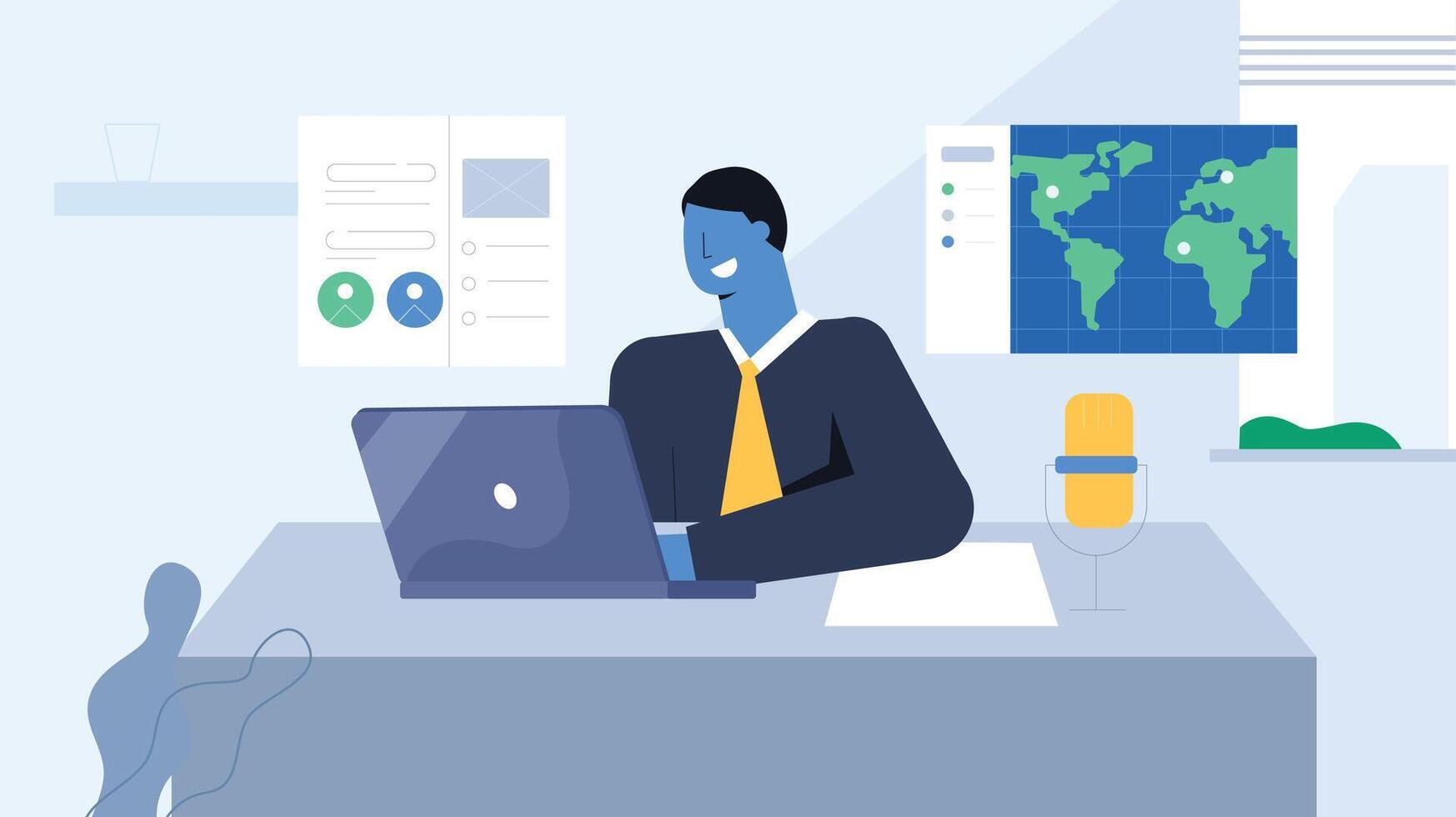 man sits at the table and works on a computer vector