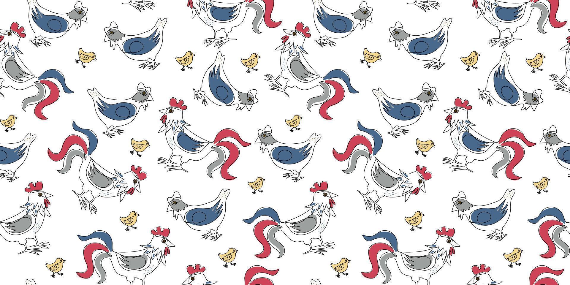 Pattern rooster, hen and chicken. Poultry, family. Animals, birds on the farm. Graphic design modern continuous line drawing vector