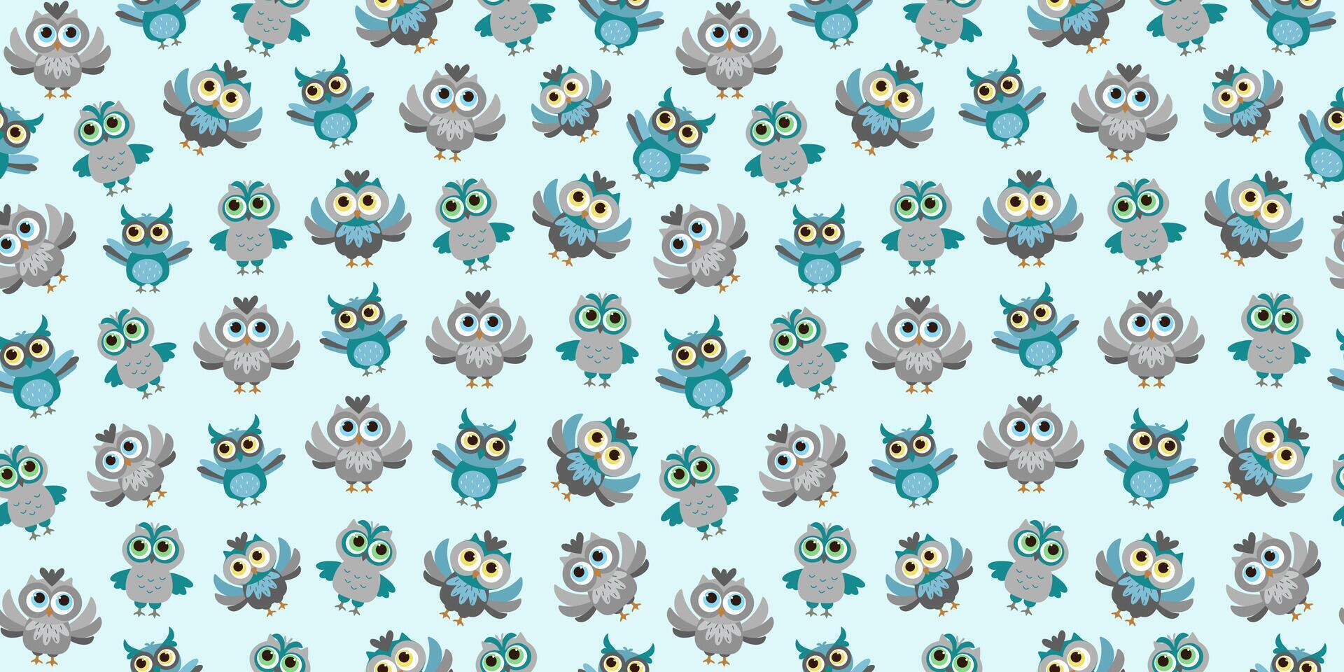 Cute cartoon owls., pattern seamless, collection of different birds. Cute brightly colored owl. Repeating background, wallpaper decor. vector