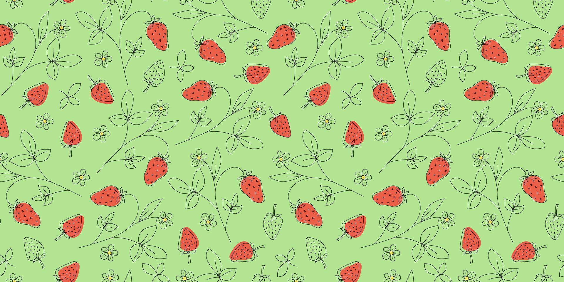 Strawberry pattern. Abstract plant, nature drawings of berries, branches, leaves, flowers. Strawberry, doodle drawing, hand drawn sketch. seamless background. Linear icons. vector