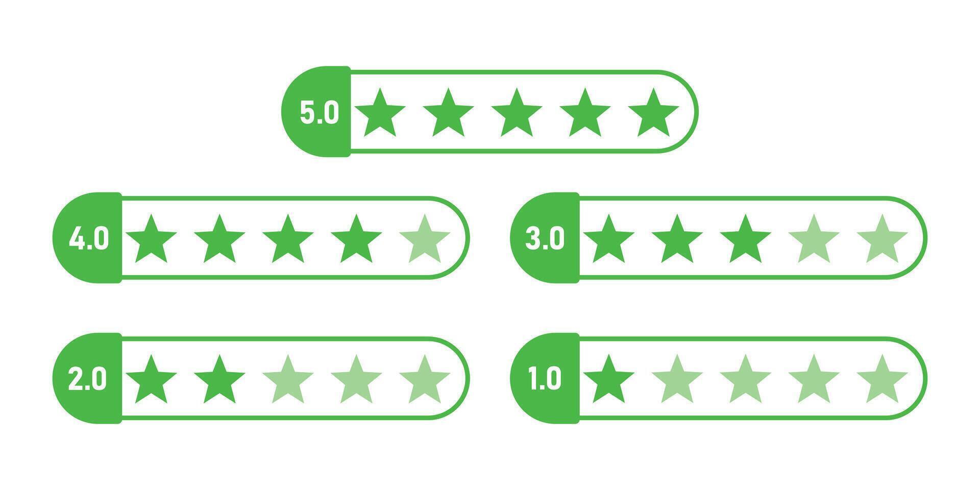 Green product review 5 to 1 stars business element icons. feedback, and ratings. set of five green stars for customer reviews, use for apps and websites. vector