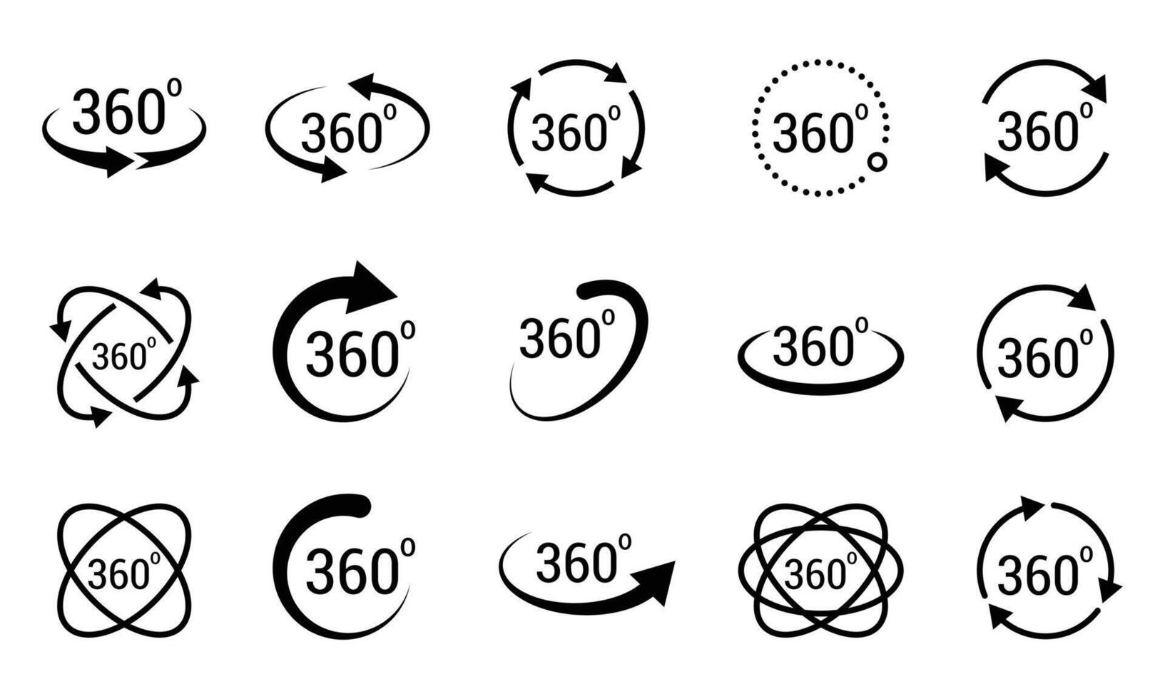 360 degree views icons. Signs with arrows to indicate the rotation or panoramas to 360 degree vector