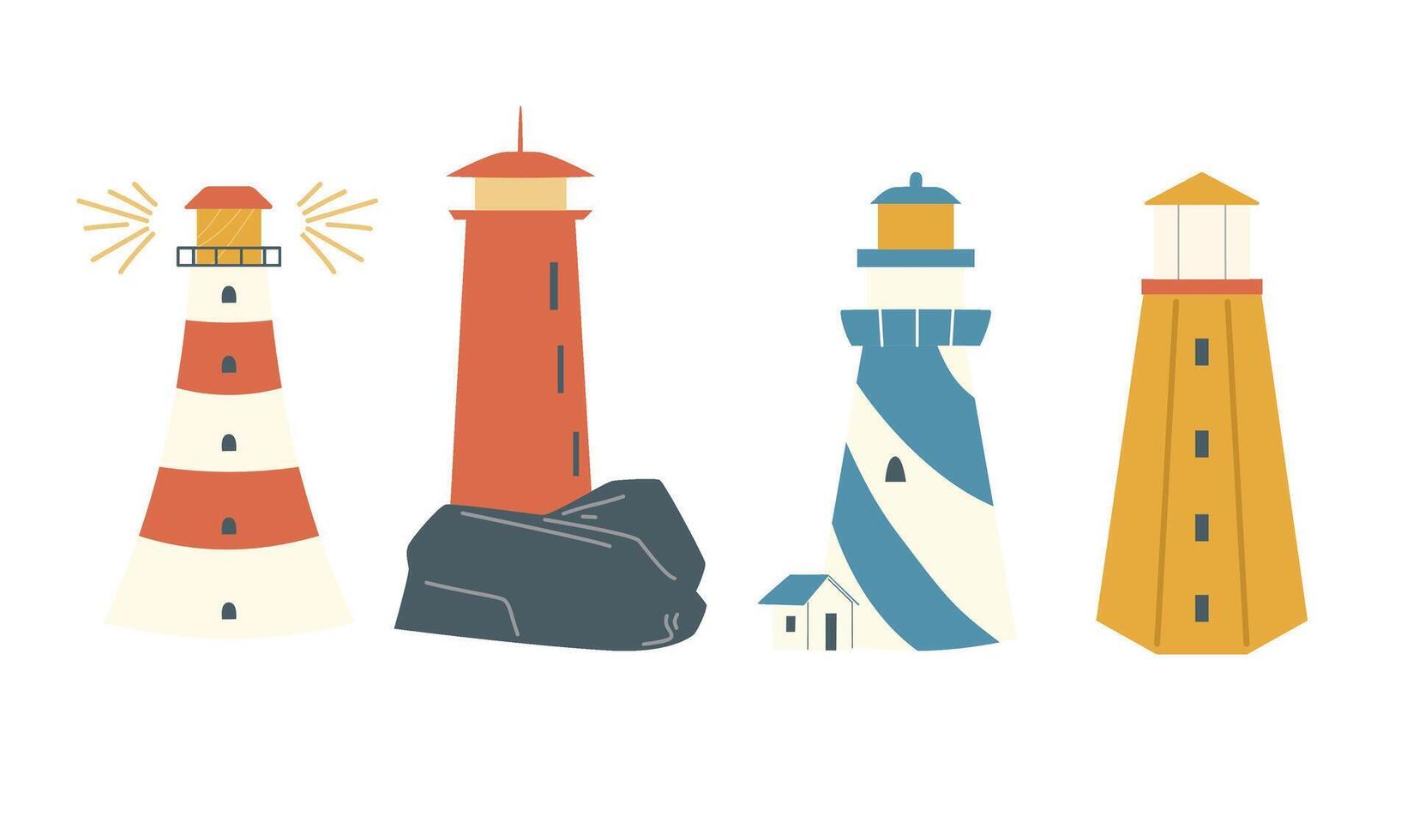 Set of lighthouse with beacon lights. lighthouse buildings icons with blue, red, white stripes and searchlight beams. vector