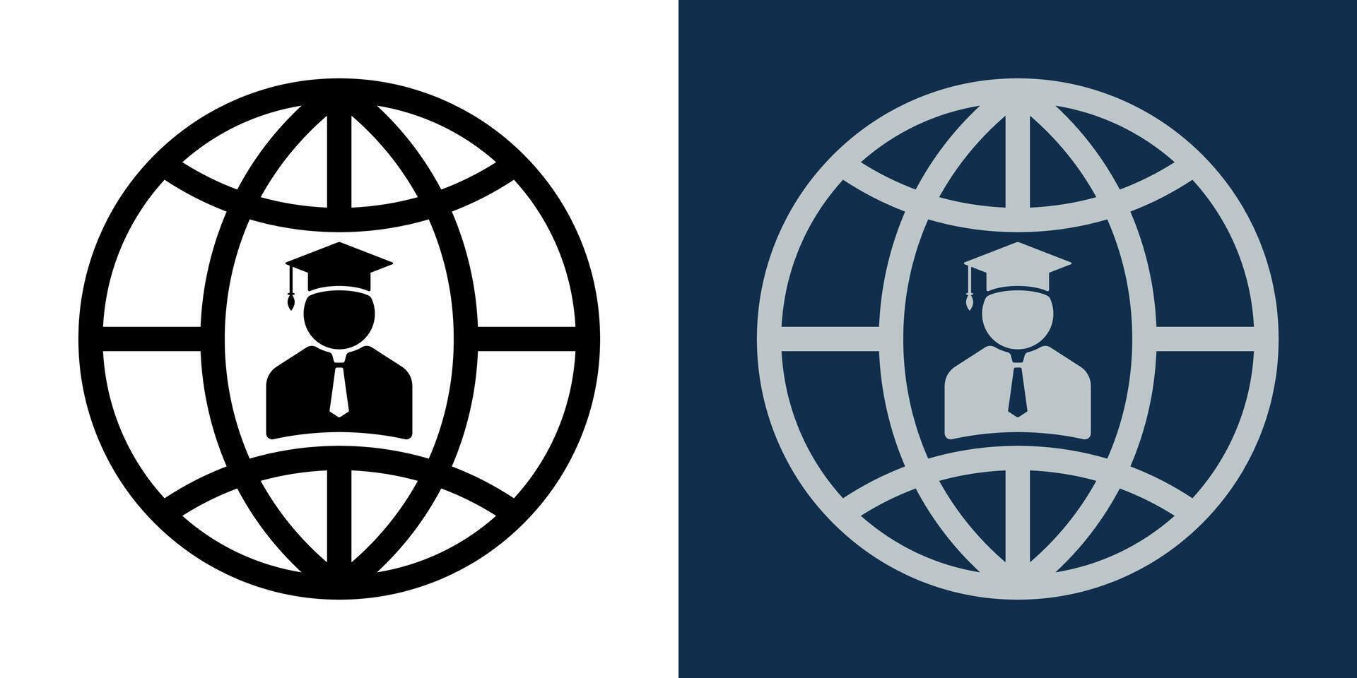 Graduation globe icon. Global Online Education Icon. Student with Graduation Cap Inside Globe Symbol. Online learning, international knowledge, distance study, virtual school. vector