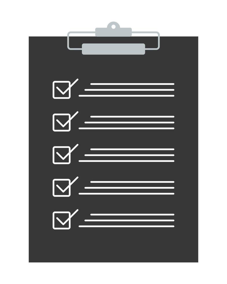 Dark clipboard with checklist icon. White tick marks in checkboxes on a black background. Minimalist task list design for business, office planning, or productivity visuals. vector