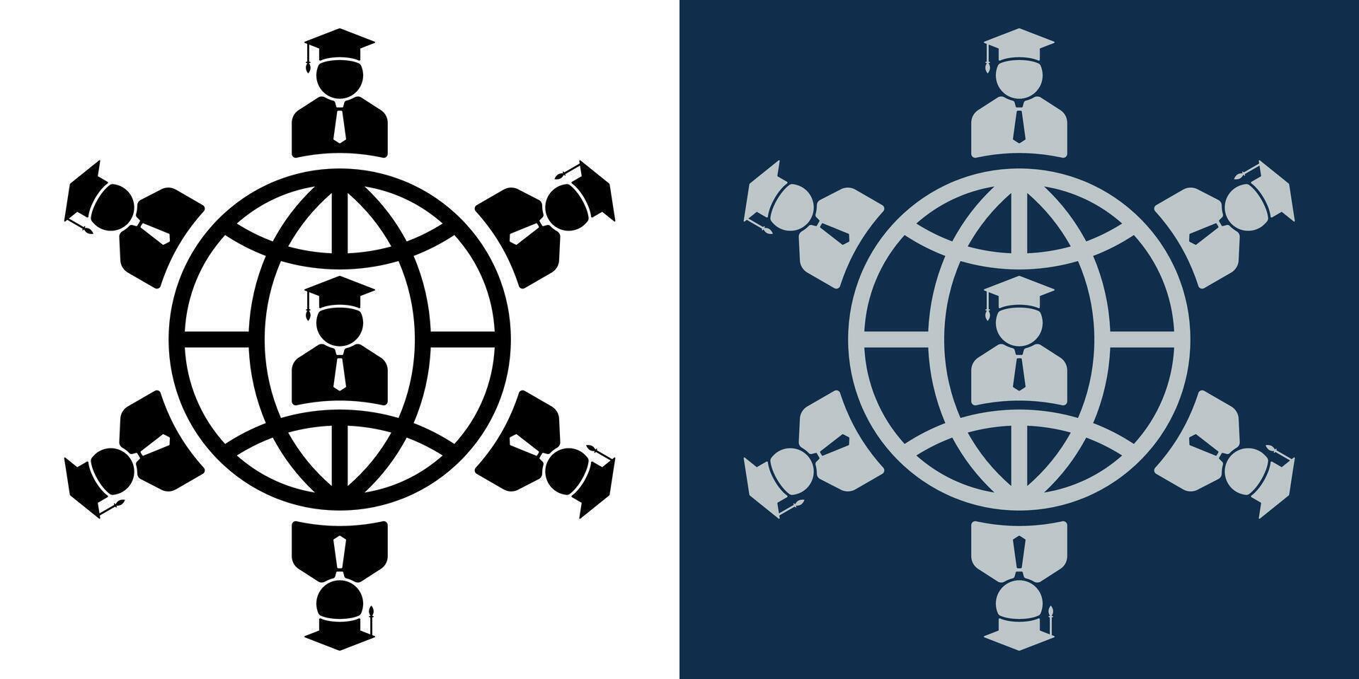 Global online education network. Virtual graduation concept. Students connected globally through digital network. Graduation cap icons around globe. Distance learning, e-learning, virtual classes vector