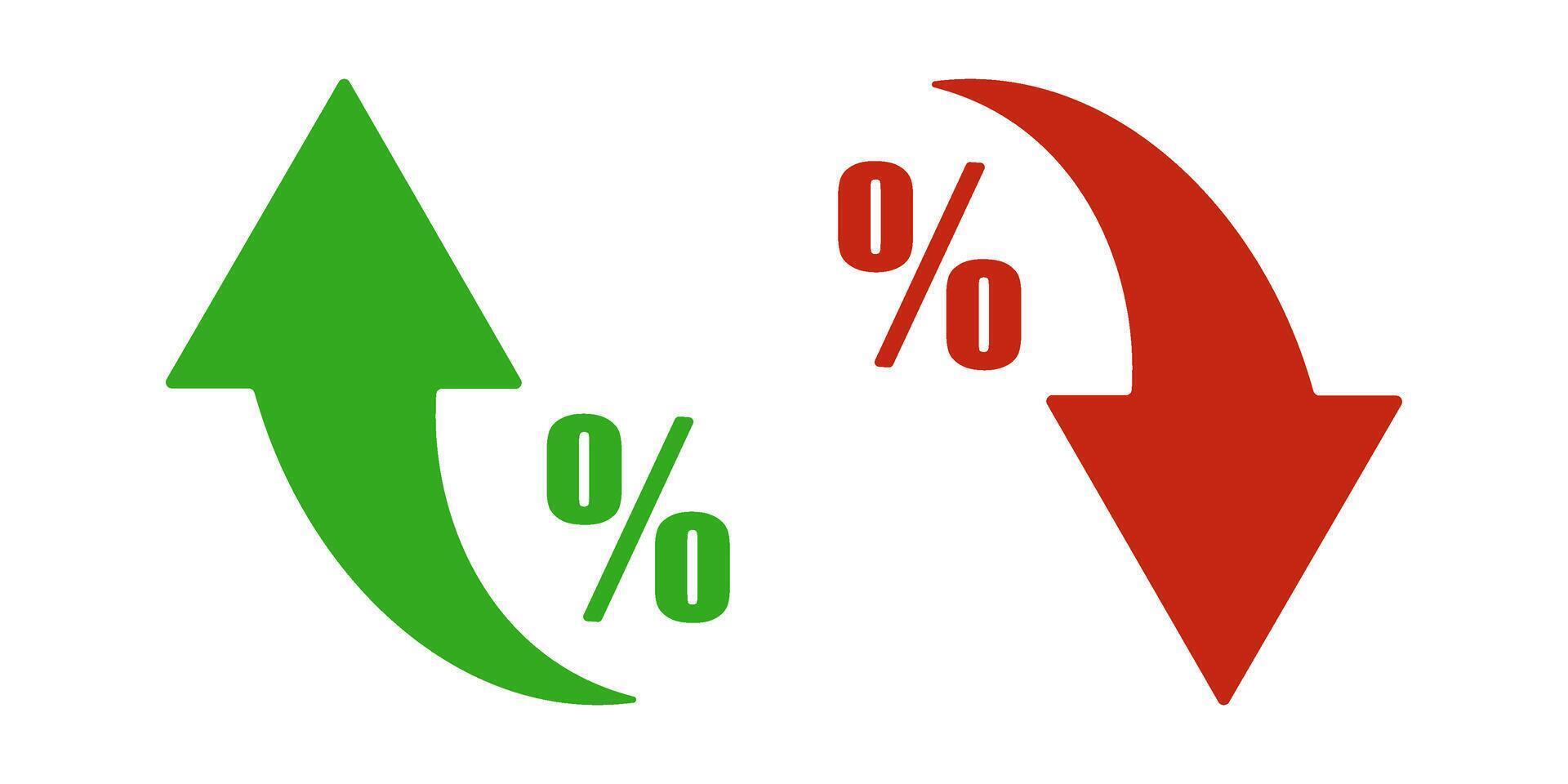 Up and down arrow icons with percentage symbols. Green upward and red downward indicators for finance, sales, discount, growth, drop, statistics, or investment infographic and report design. vector
