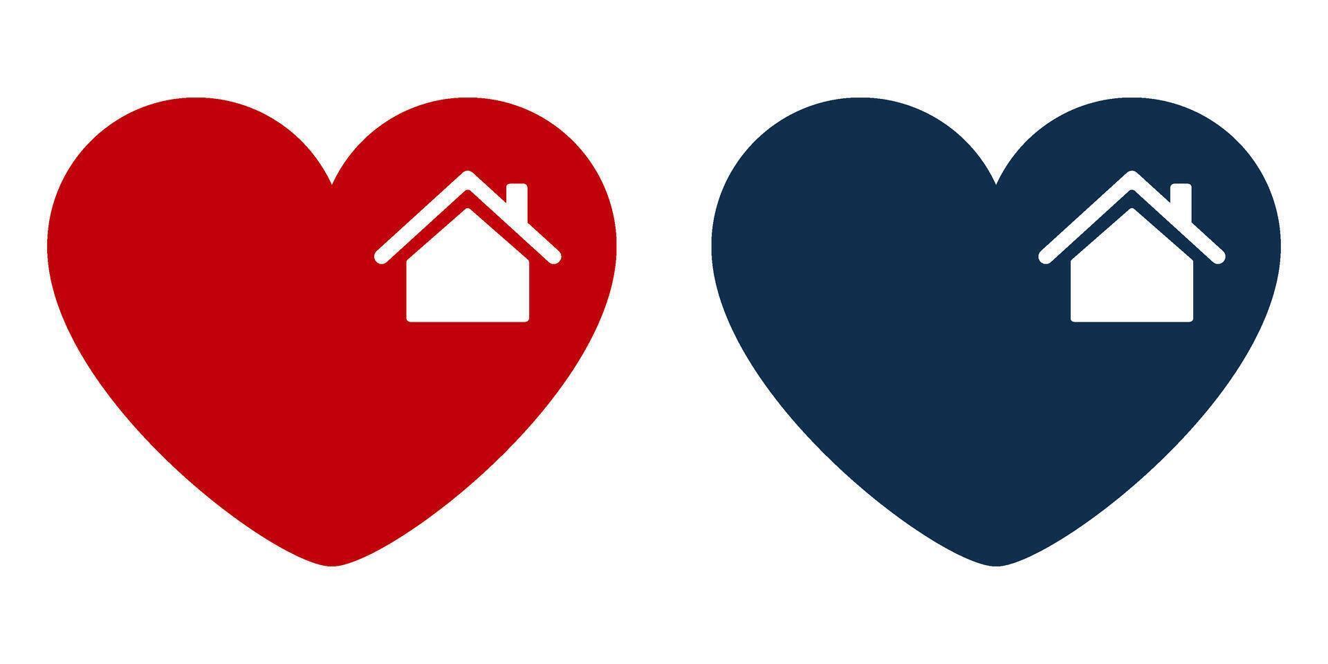 Heart home icons. Minimal flat of two hearts with house symbol inside. Ideal concept for home affection, property ownership, housing comfort, family life and shelter illustration. vector