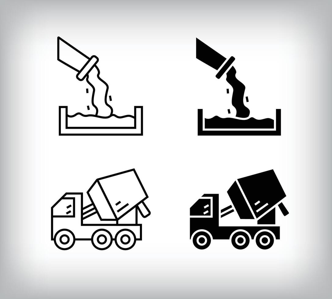 Concrete pouring and excavator icon design. Simple linear and flat construction icon set. vector