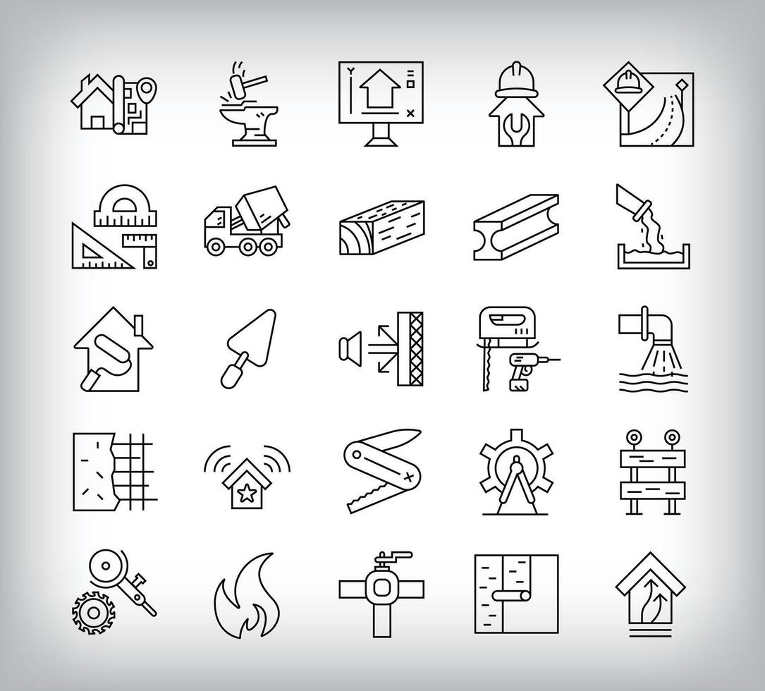Carpenter, measuring, pipe, concrete and house plan design. Simple set of 25 linear construction icons. vector