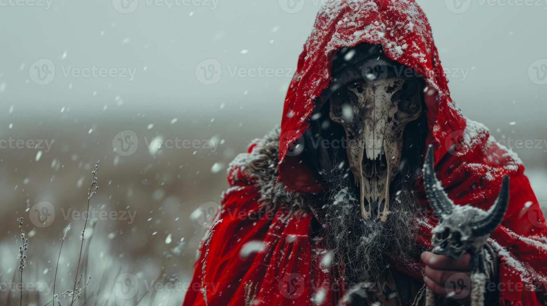 Winter season. male Shaman wearing in horn mask photo