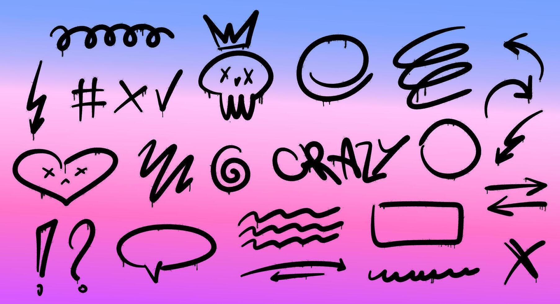 Set of urban graffiti scribbles with dripping ink in Y2K style. Includes scribble, arrows, hearts, skulls, and abstract symbols. Perfect for street art, urban designs, and edgy graphics. vector