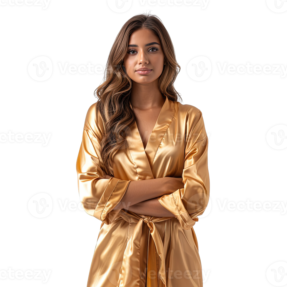 Elegant Woman in Shimmering Gold Satin Bathrobe with Crossed Arms Against Transparent Background png