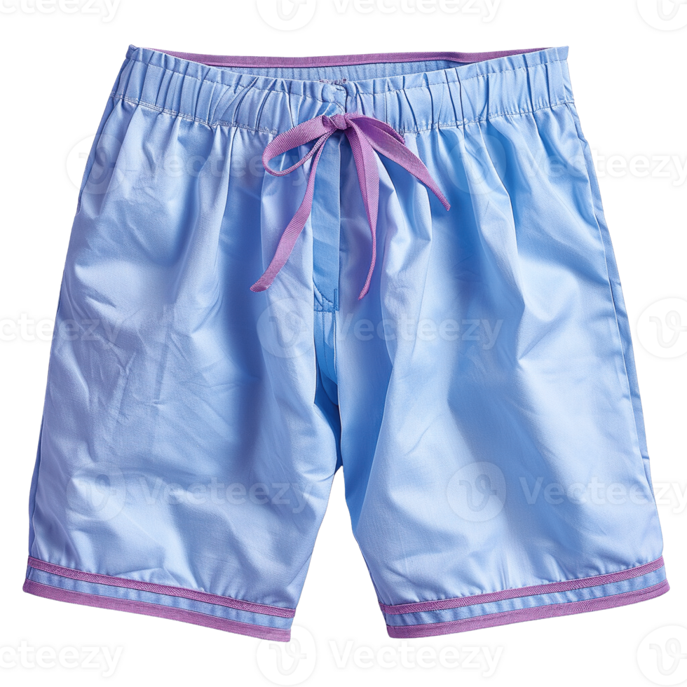 Light Blue Summer Shorts with Purple Ribbon Trim and Drawstring Waistband Isolated on Transparent Background png
