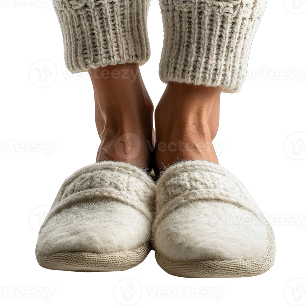 Comfortable Cream Sherpa House Slippers with Knitted Trim Worn with Matching Ribbed Pajama Pants Against Transparent Background png