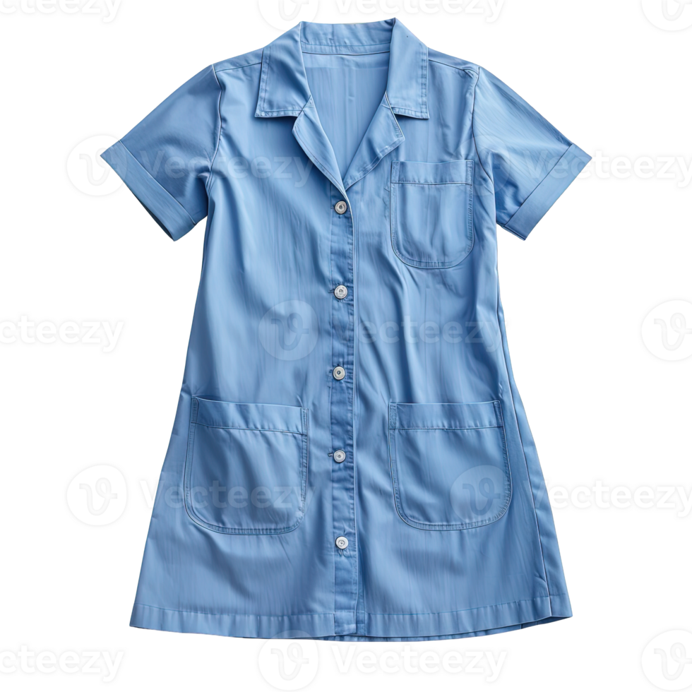 Stylish Girls' Sky Blue Cotton Utility Shirt Dress Featuring Short Cuffed Sleeves, Front Button Closure, Chest Pocket and Two Large Front Pockets png