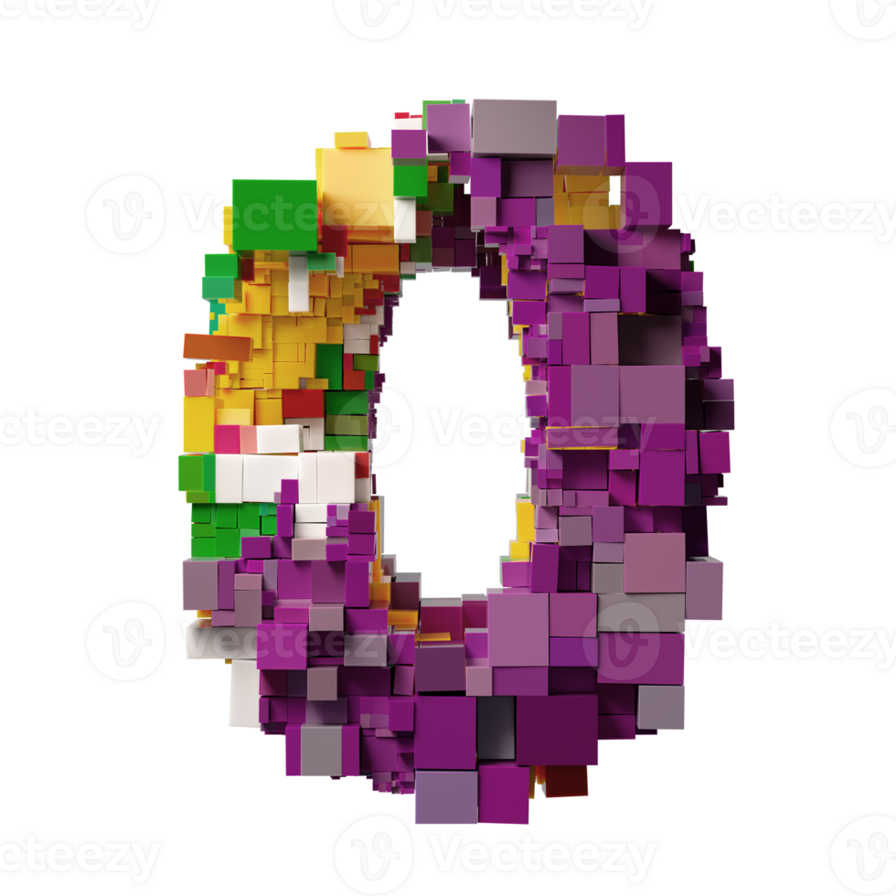 Colorful Pixelated 3D Letter 0 Composed of Vibrant Cubic Blocks png