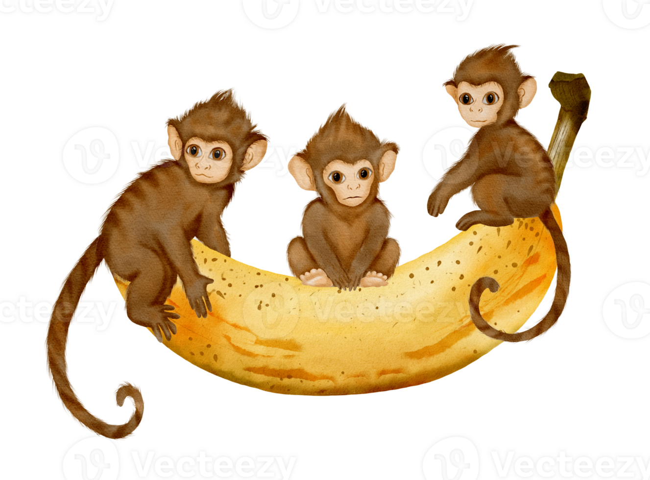 Three playful monkeys enjoying a giant banana in an imaginative watercolor safari setting png