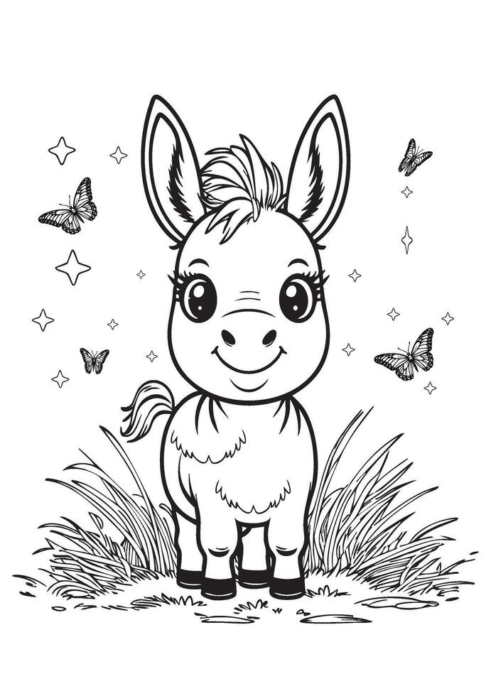 Cute Baby Donkey Coloring Page with Butterflies and Grass Background vector