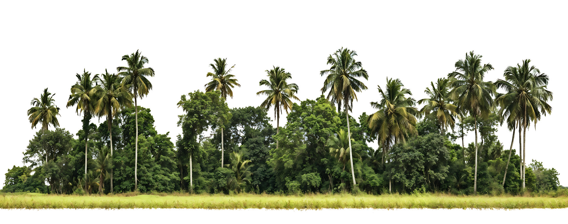 Natural landscape showing a lush grove of tall coconut palm trees against a transparent background, creating a tropical island scenery with dense green foliage png