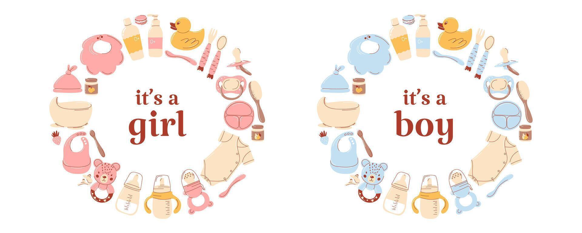 It's a Girl and It's a Boy set, round composition with newborn accessories. Cute baby shower design elements in circle frames. For invitations, cards, announcements. Gender reveal flat graphic vector