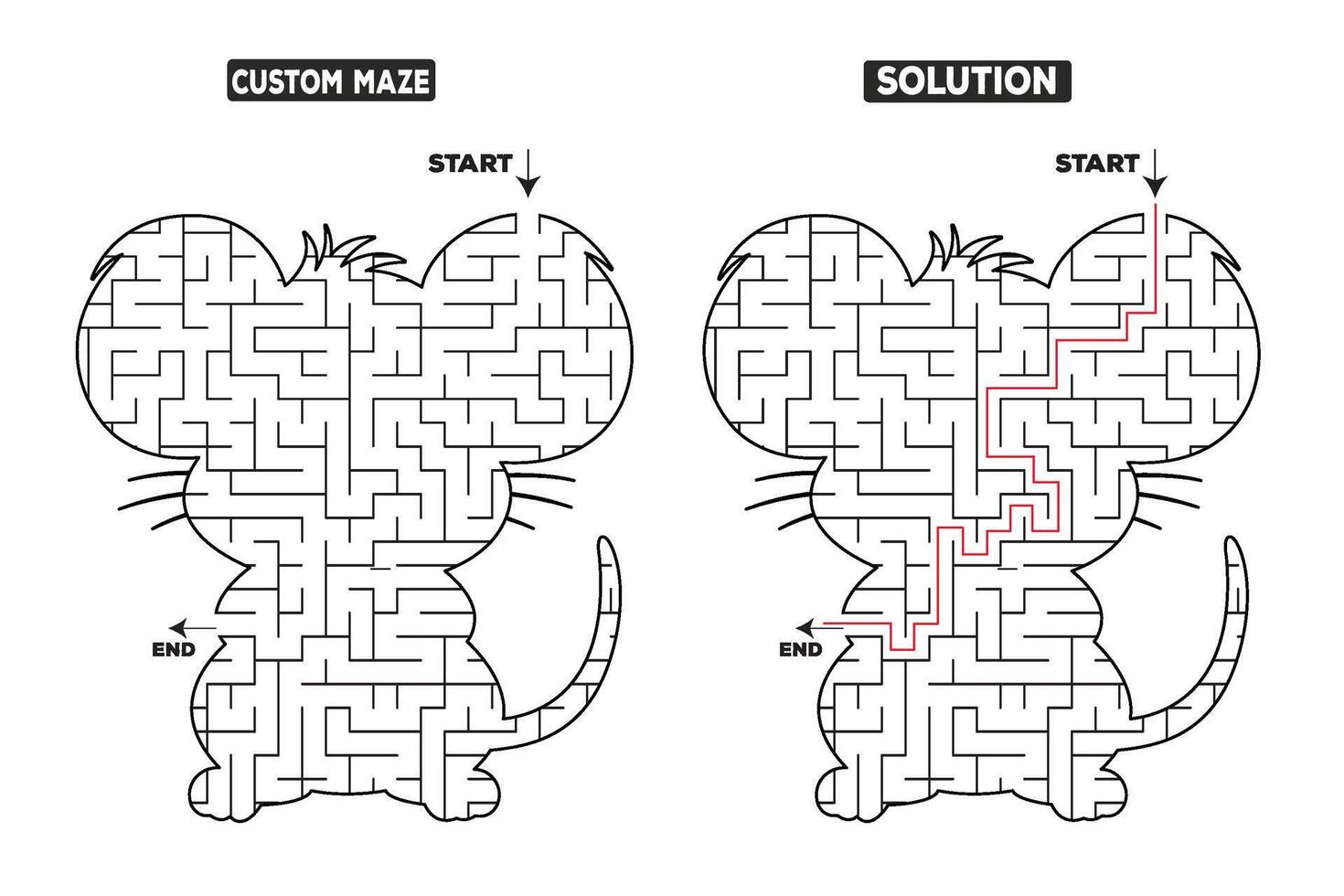 Cute Mouse Shaped Maze Puzzle Game with Solution vector