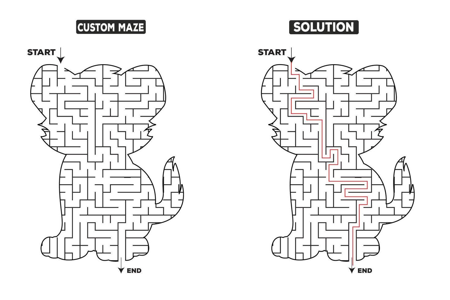 Funny Cat Shape Maze Puzzle with Solution for Kids vector